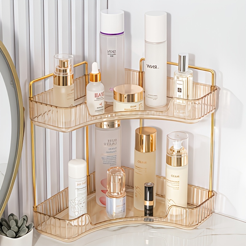 

3-tier Clear Plastic Corner Shelf With Golden Metal Frame - Large Capacity Makeup Organizer For Skincare, Perfume & Beauty Tools - Storage For Bathroom, Bedroom, Office, Cosmetic Storage Organizer