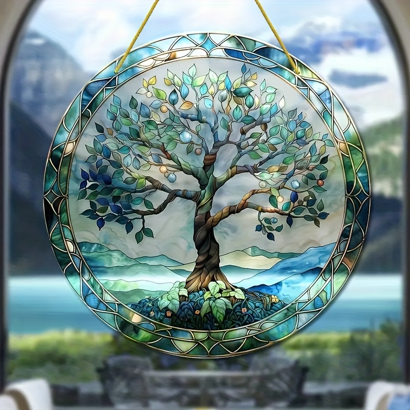 

2d Plane Tree Of - Acrylic Glass Window Hanging, Fun Round Sign With Floral Garland, Suitable For Home And Porch Decoration, Ideal Housewarming Gift