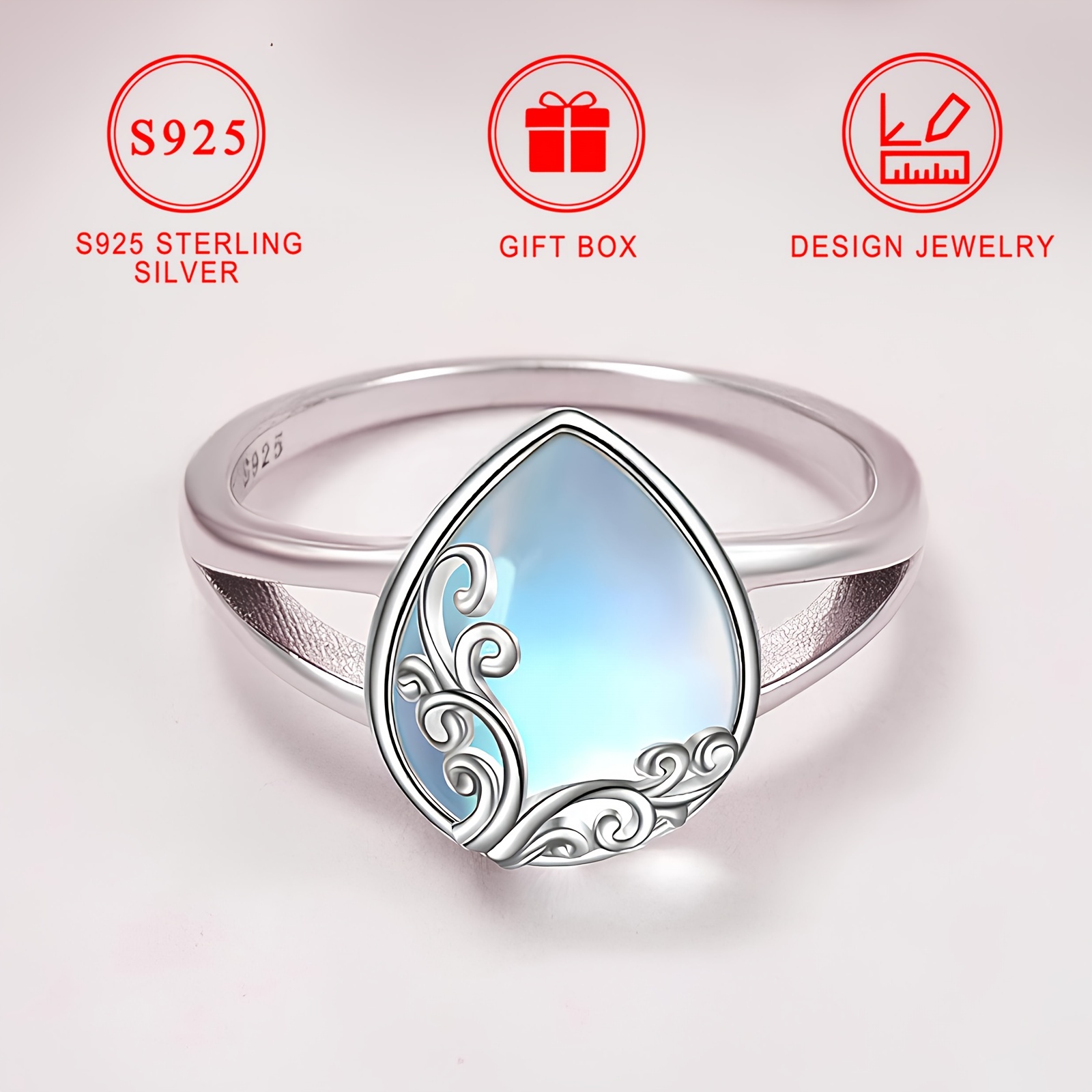 S925 Silver Rainbow Moonstone Teardrop Ring
