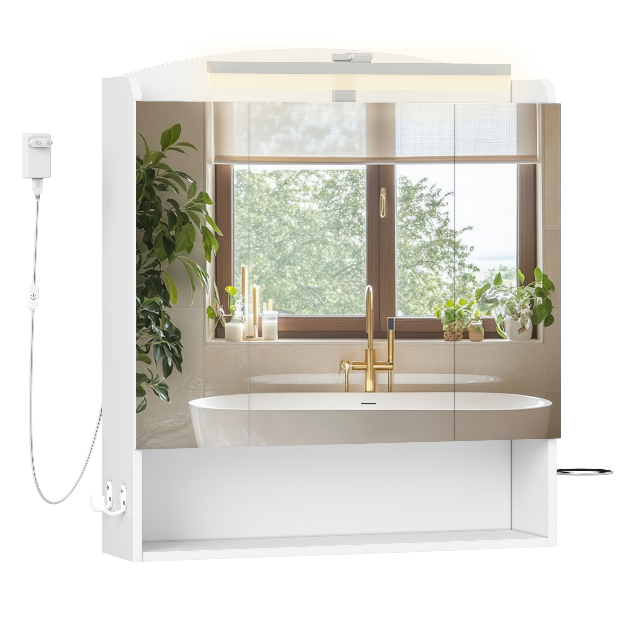 Modern Wall-mounted Bathroom Mirror Cabinet With Lighting & Adjustable Shelves - Wood Storage Unit Suitable For Bath/shower, Hairdryer Holder & Hooks, Plug- Lighting, Space-, White ()