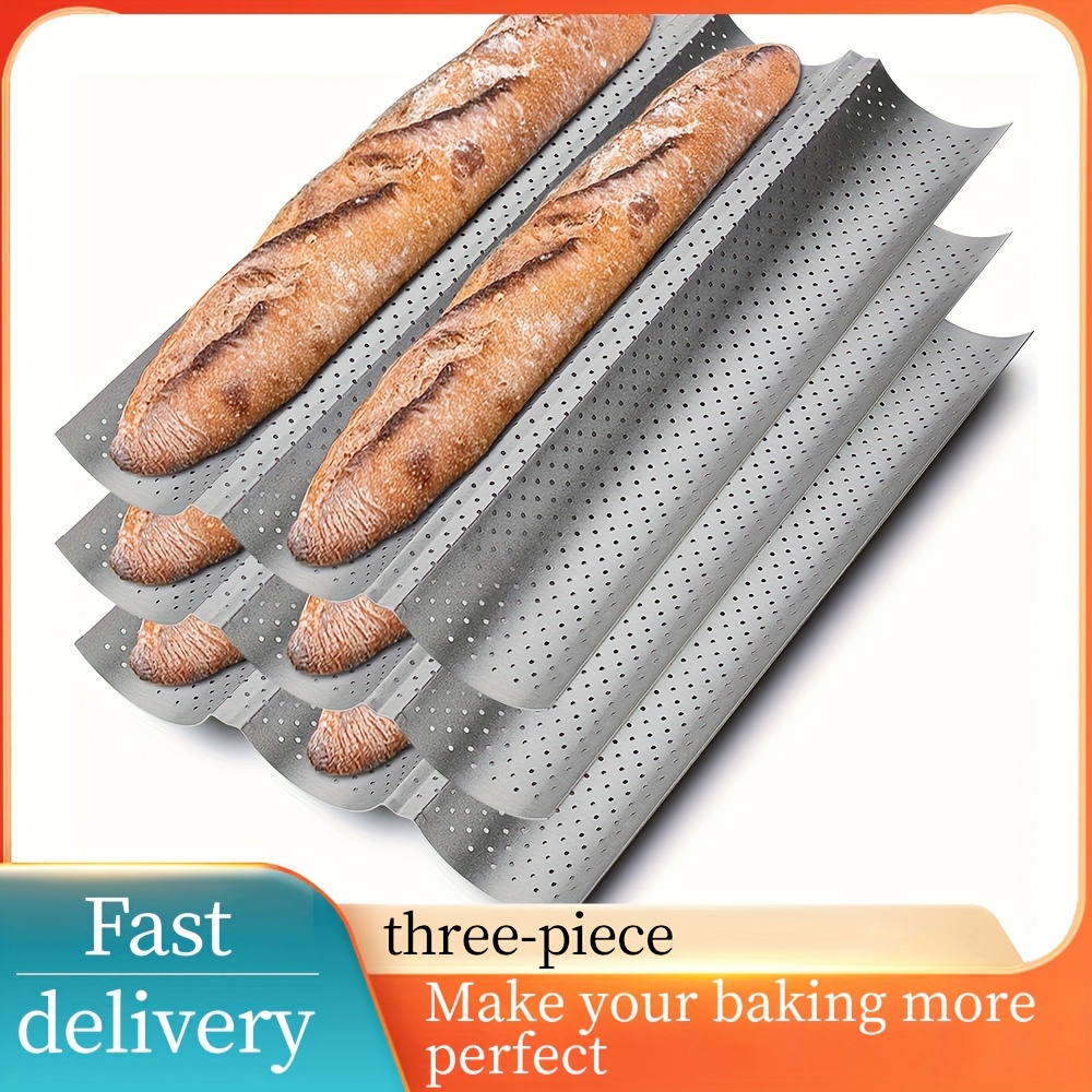 

3-piece, Non-stick Baguette Pan For French Bread Baking, Perforated 3 Bread Baguette Baking Trays, 15 "x 9", Silver/black