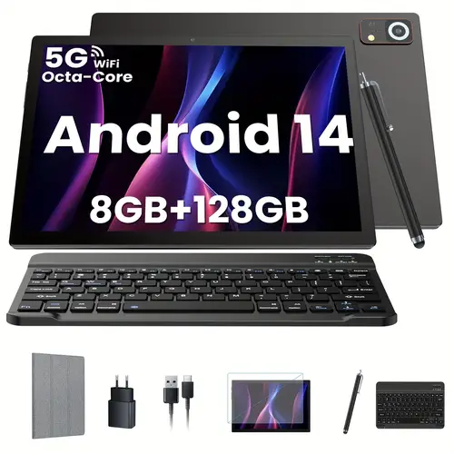 2025 newest android 14 tablet powerful 5g wifi tablet 10 inch tablet with keyboard 128gb rom 8gb 1tb expandable t606 core gps 7000mah battery 13mp 8mp hd camera face unclocked hd speakers bt 5 0 touchscreen black halloween christmas new year gift