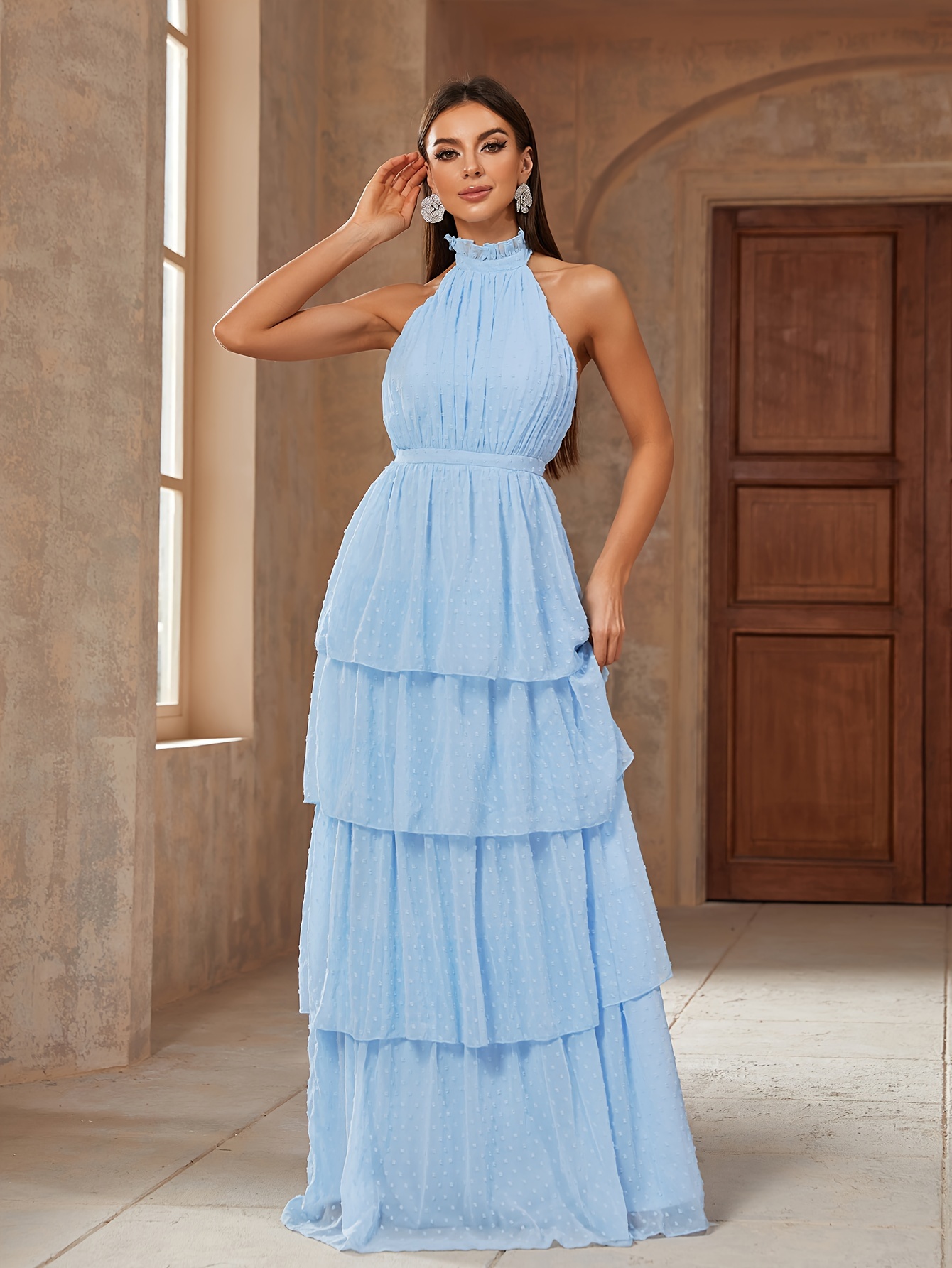 layered ruffle hem chock neck dress elegant backless dress - Temu