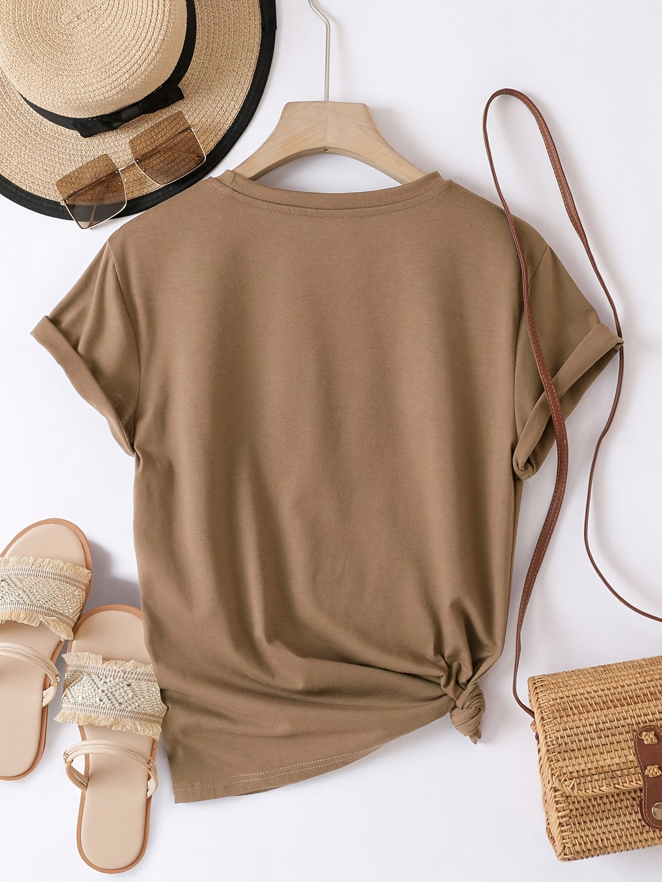 Casual Crew Neck Short Sleeve T-Shirt, Women'S Polyester Basic Round Neck Pullover, Heart Butterfly Pattern, with Slight Stretch, Regular Length and H Fit