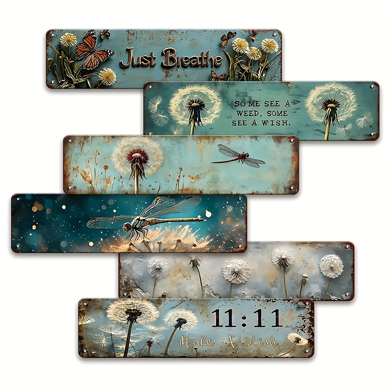 TEMU Ensemble de 6 panneaux en métal vintage, mesurant 4X16 pouces, avec des pissenlits et des libellules, idéaux pour décorer , , , , ou la "man