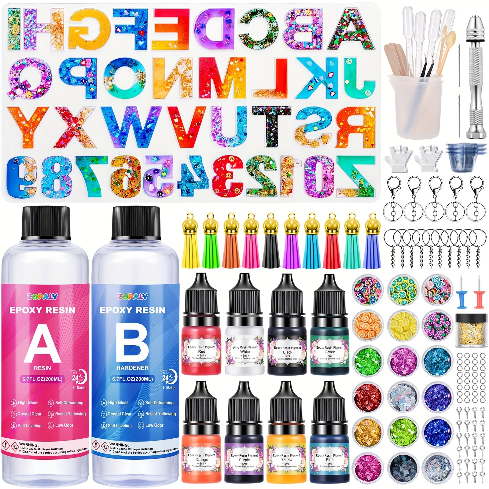 

Zopaly Epoxy Resin Kits For Beginners, 192 Pcs Letter Number Resin Moulds Silicone Keyring Making Kit, With 400ml Clear Resin, Resin Accessories/pigment/glitter Sequin/gold Leaf/keychain Tassels