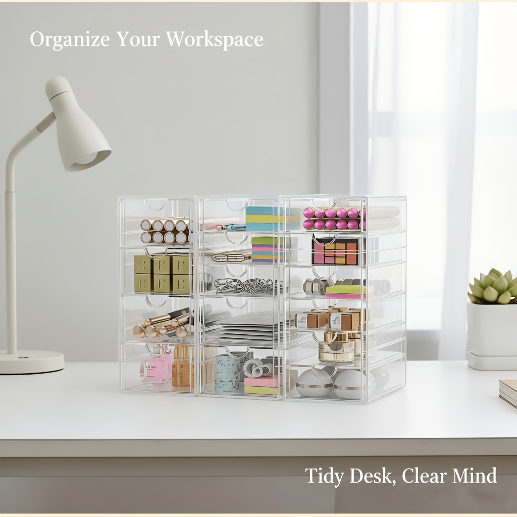 TEMU 3/2pcs Drawer Box Desk: Acrylic Transparent Vanity Organizer | Makeup Organizer With 15/10/7 Drawers | Home Office School Desk Organizer, Desk &
