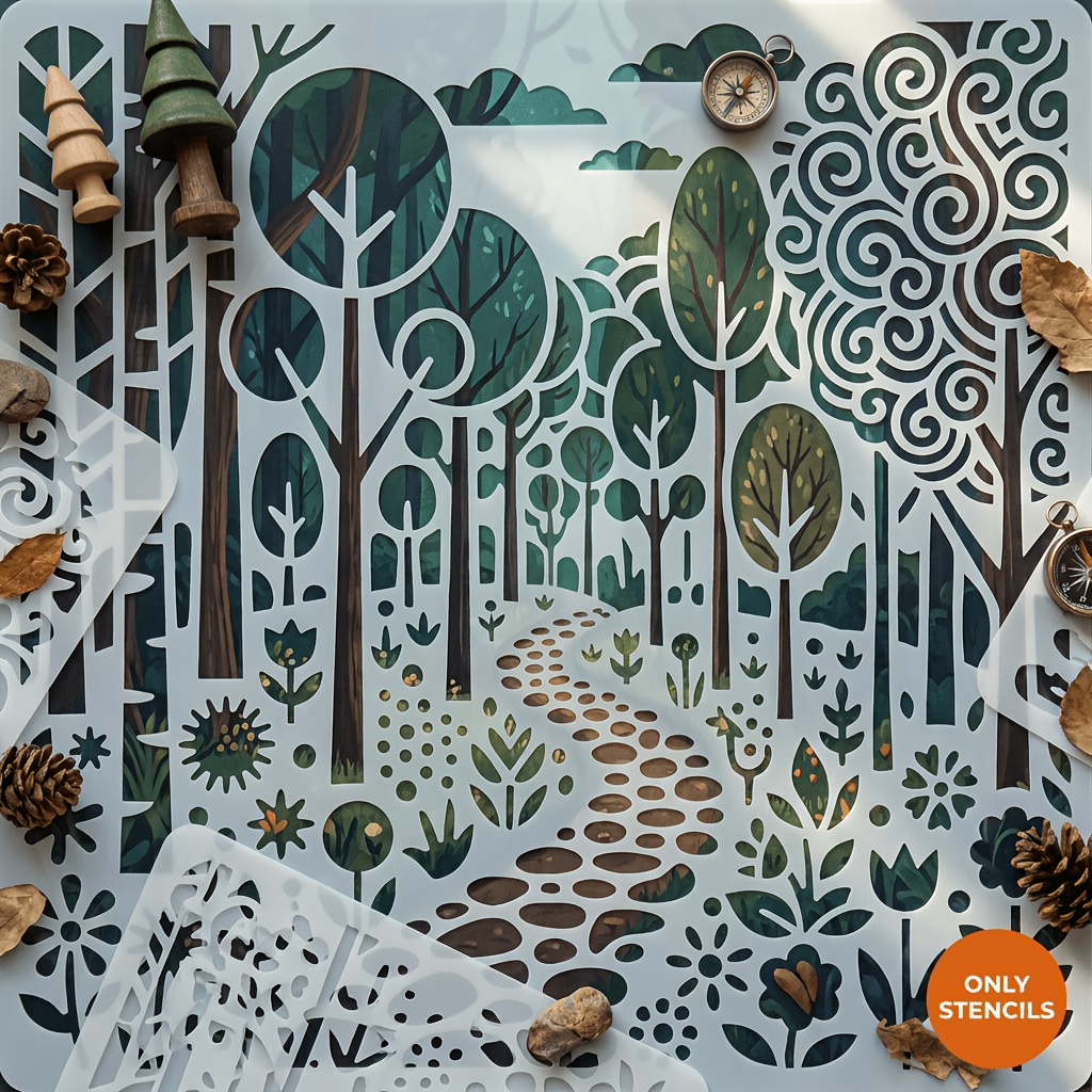TEMU 1 Grand Gabarit Naturel de Forêt, Gabarit Manuel Réutilisable, Gabarit de Peinture de Chemin d'Arbre de Forêt, Convient pour la Décoration
