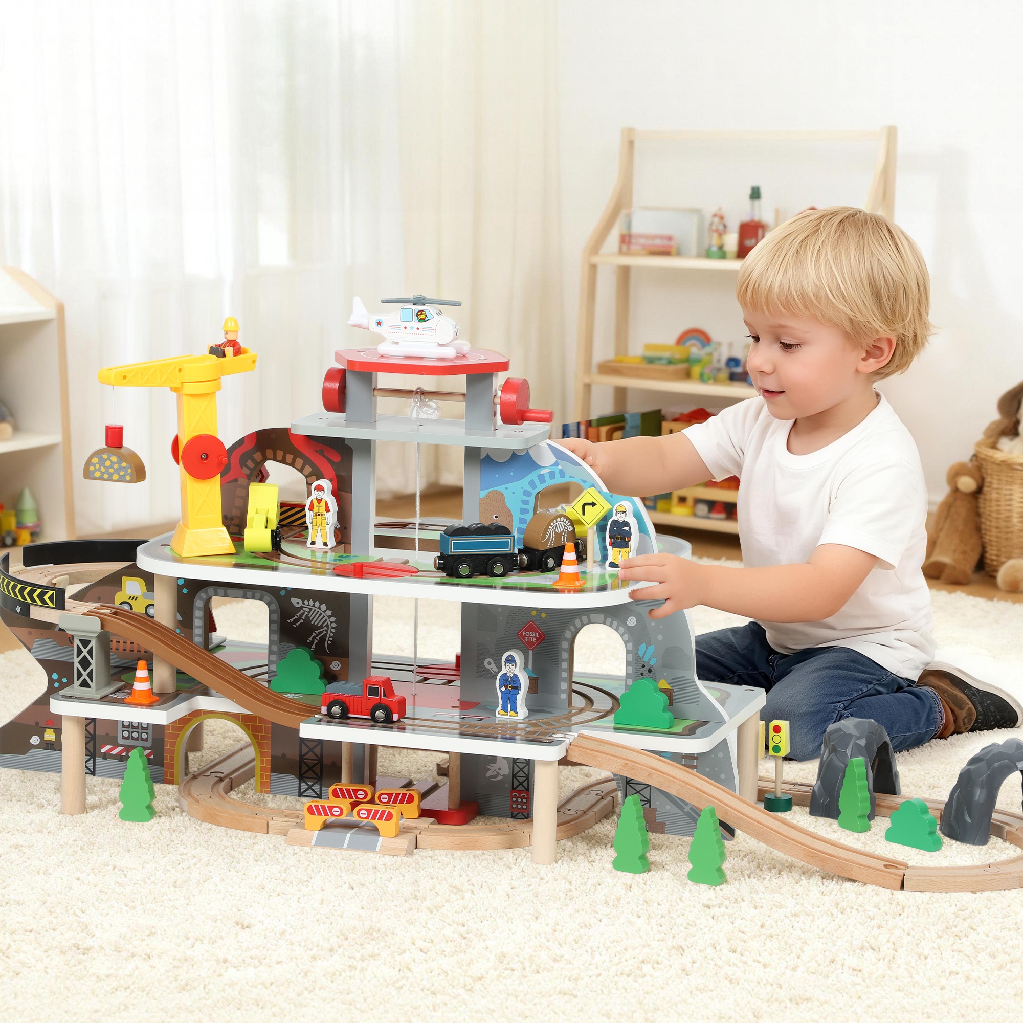 TEMU Qaba Train en bois 79 pièces, Train jouet sur le thème de avec grue, hélicoptère