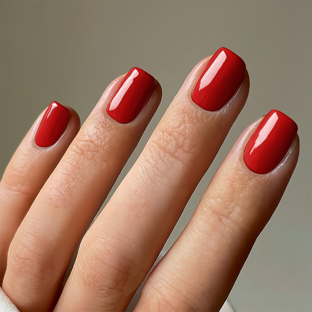 

24 pièces d'ongles courts carrés brillants à pression rouge - Ensemble d'ongles artificiels de couleur unie pour femmes et filles