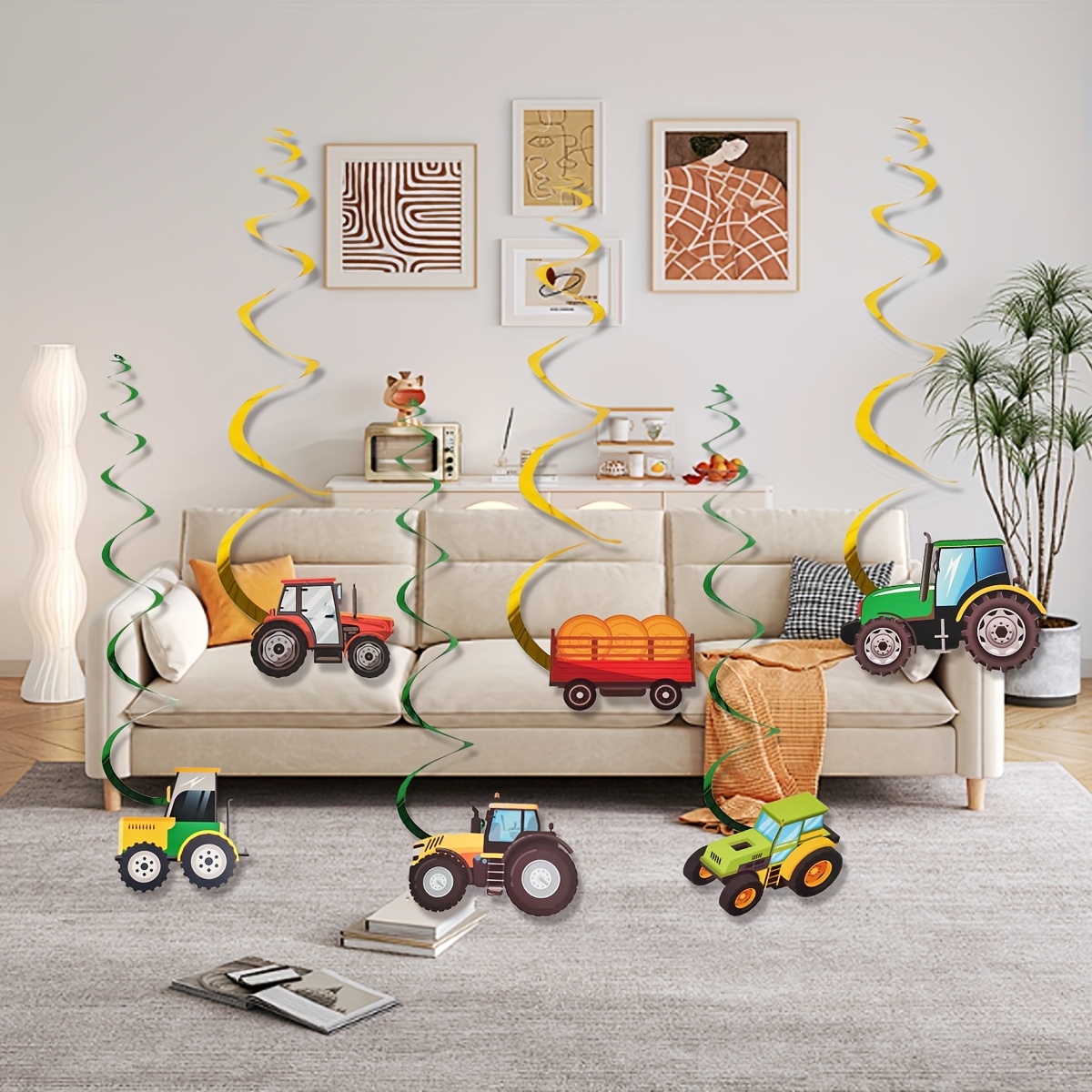 Image of Farm Tractor Theme Birthday Party Decorations, Engineering Vehicle Spiral Hanging Banner And Party Supplies