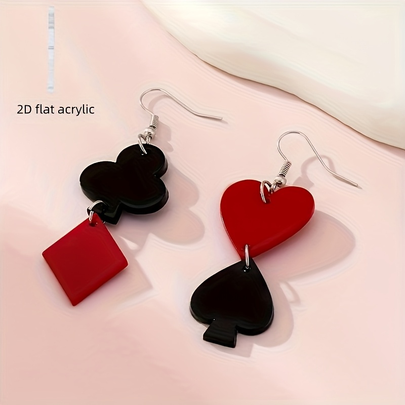 2d Flat 1 Pair Minimalist Red Black Trendy Playing Card Geometric Heart Women's Pendant Earrings - Suitable For Daily Wear Or Party