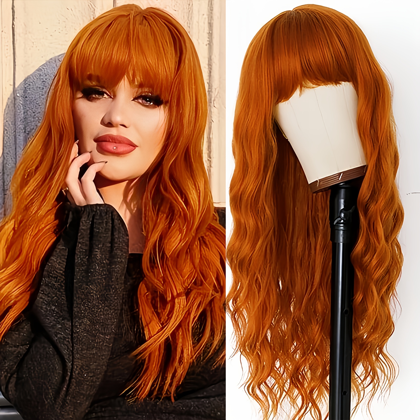 26 inch long wavy ginger wigs bangs women long loose curly  display picture 1