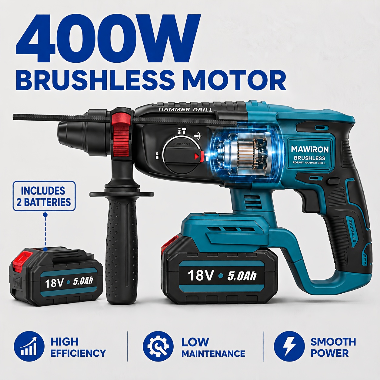 Cordless Rotary Hammer Drill, 2 Battery, 3-mode Electric Hammer Drill For Concrete, Masonry & Metal, Variable Tool With Drill Bit & Charger, Heavy Duty For Home Improvement & Construction