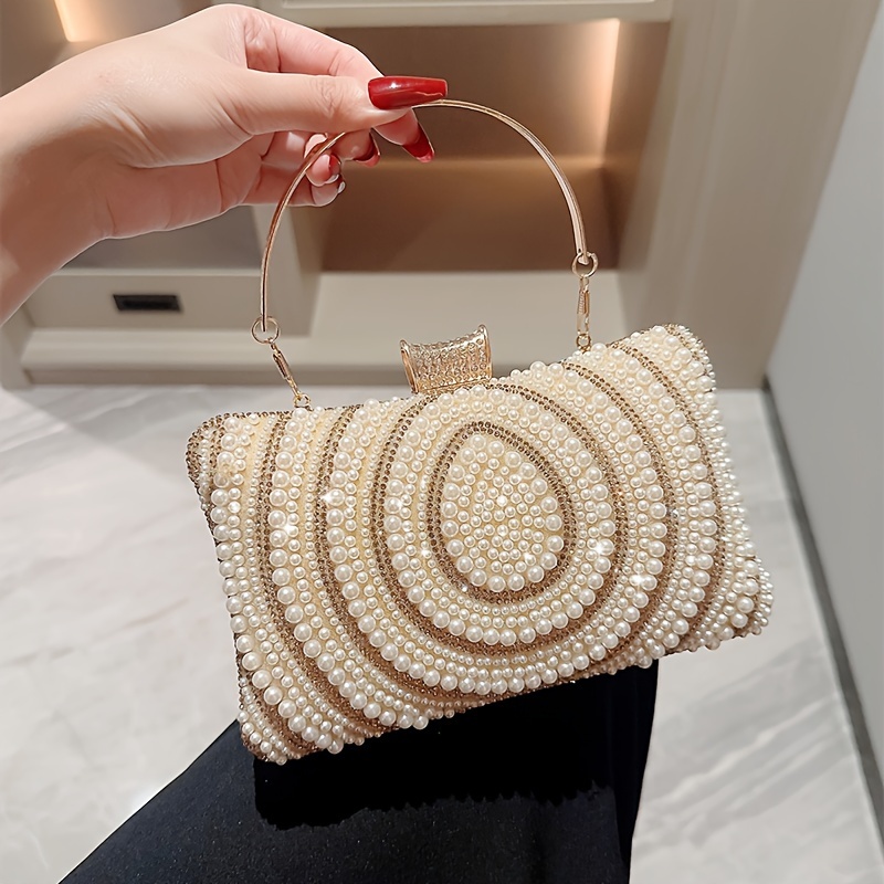 

Women' Pearl Embellished Clutch With Polyester Lining, Elegant Evening Bag With Closure For