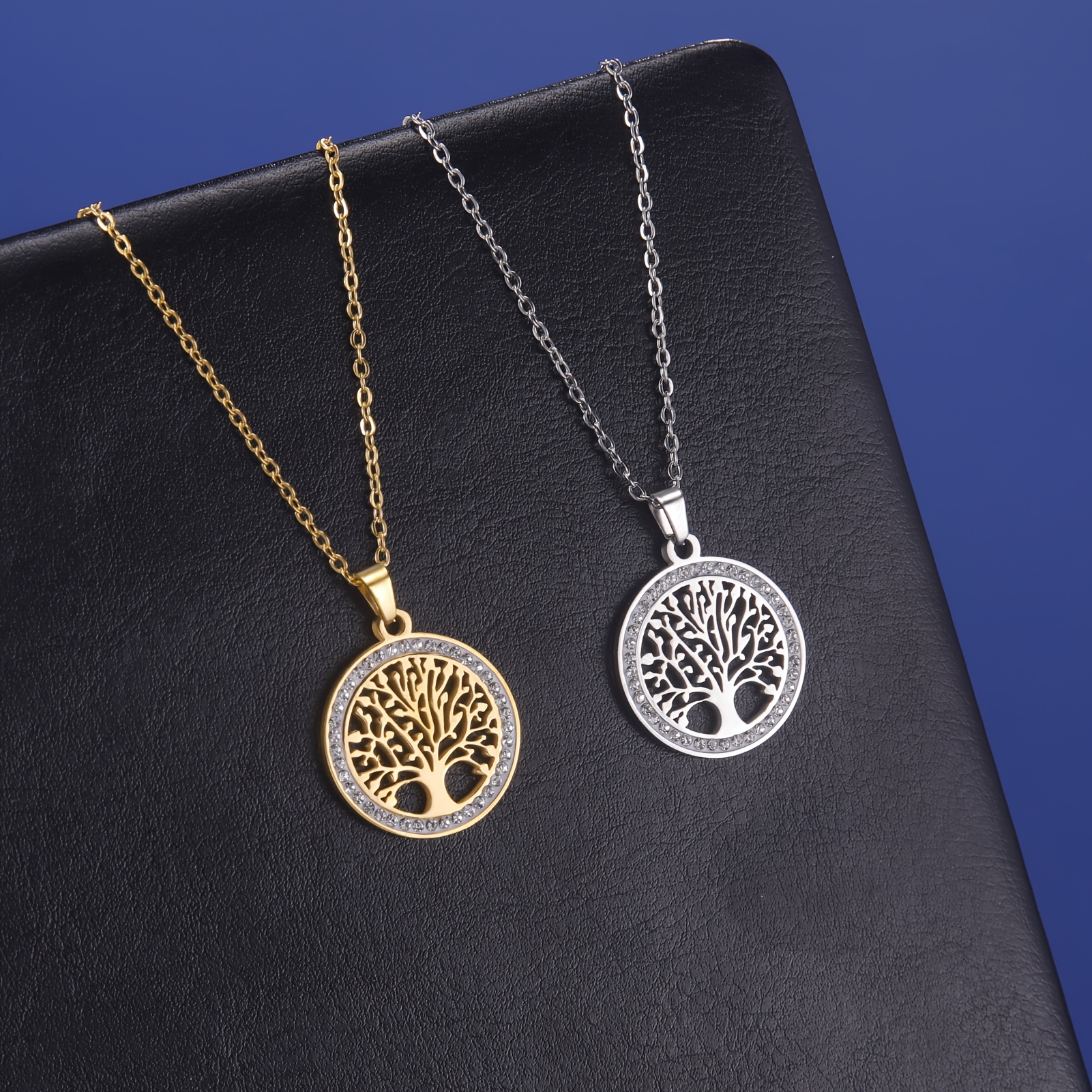 

Elegant Simple Tree Of Life Pendant Necklace, 18k Golden Plated, Hollow Round Design With Rhinestones, Stainless Steel, For And Gift-, Campus Season Jewelry