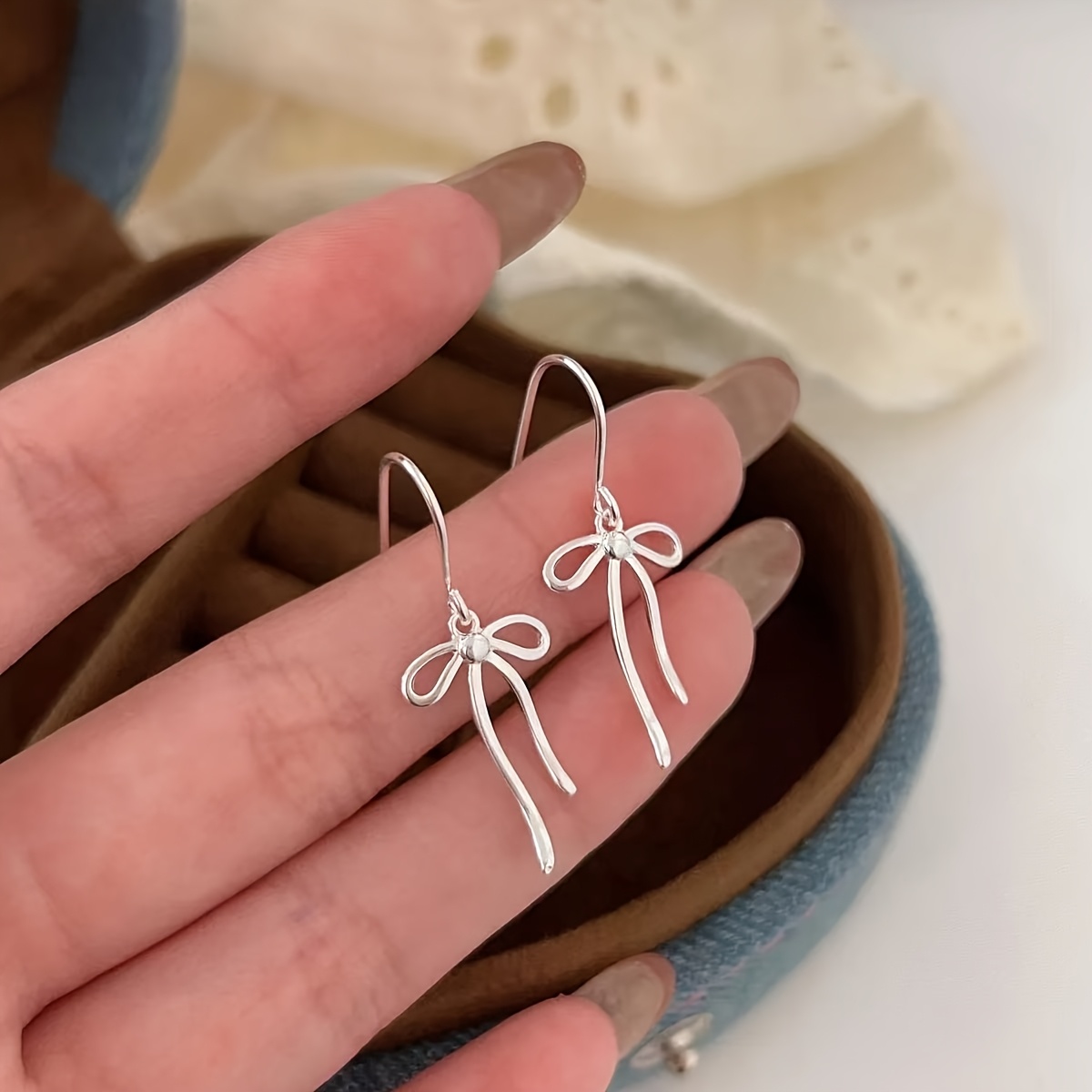 TEMU Elegant S925 Sterling Silver Bowknot Women's Dangle Earrings - Fashionable And Versatile, Suitable For Daily Wear Or Parties, Bowknot, Personality