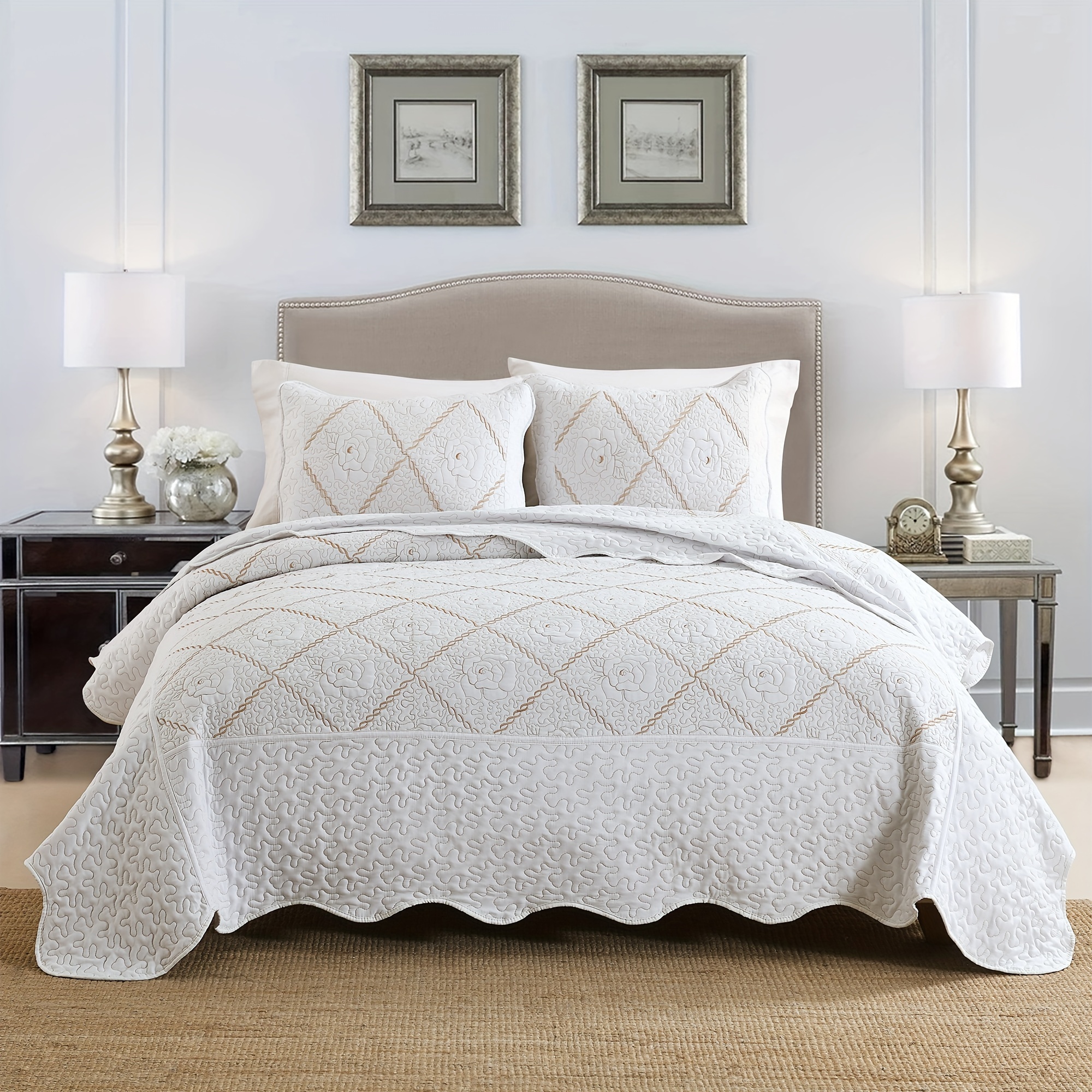 3 Pezzi: Set Copriletto Trapuntato In Rilievo Della - Foto 9