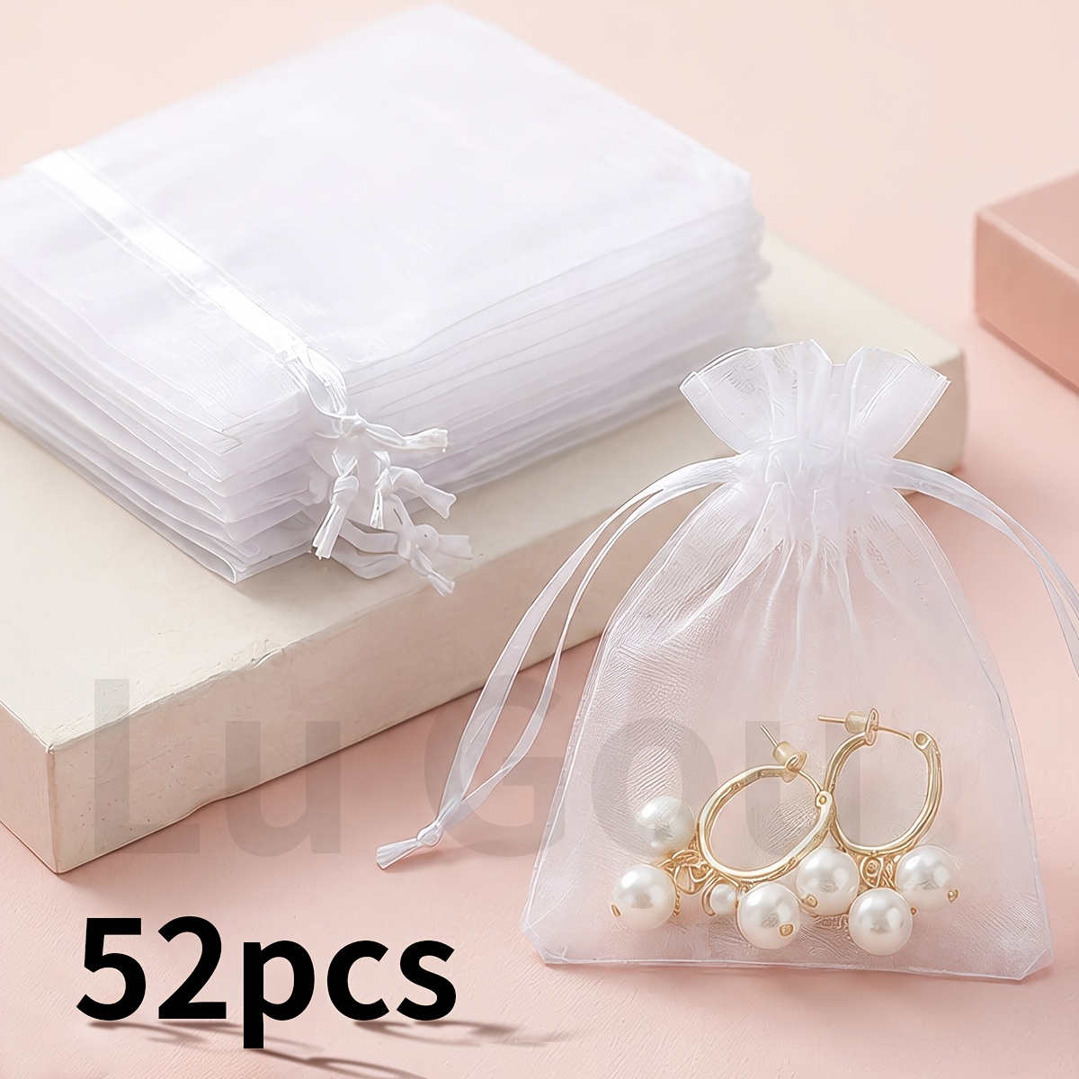 TEMU 52pcs Milky Translucent Organza Drawstring Gift Bags, Small Mesh Pouches For Jewelry Packaging, Wedding Candy Favors, Birthday Party, Bridal
