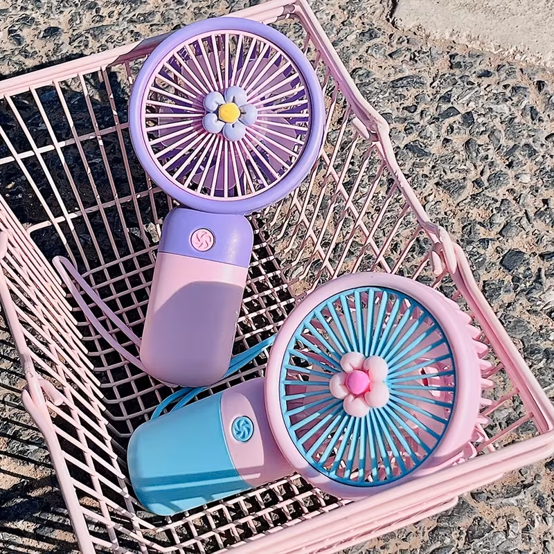cute color block handheld mini fan with portable lanyard fashion usb rechargeable small fan 1