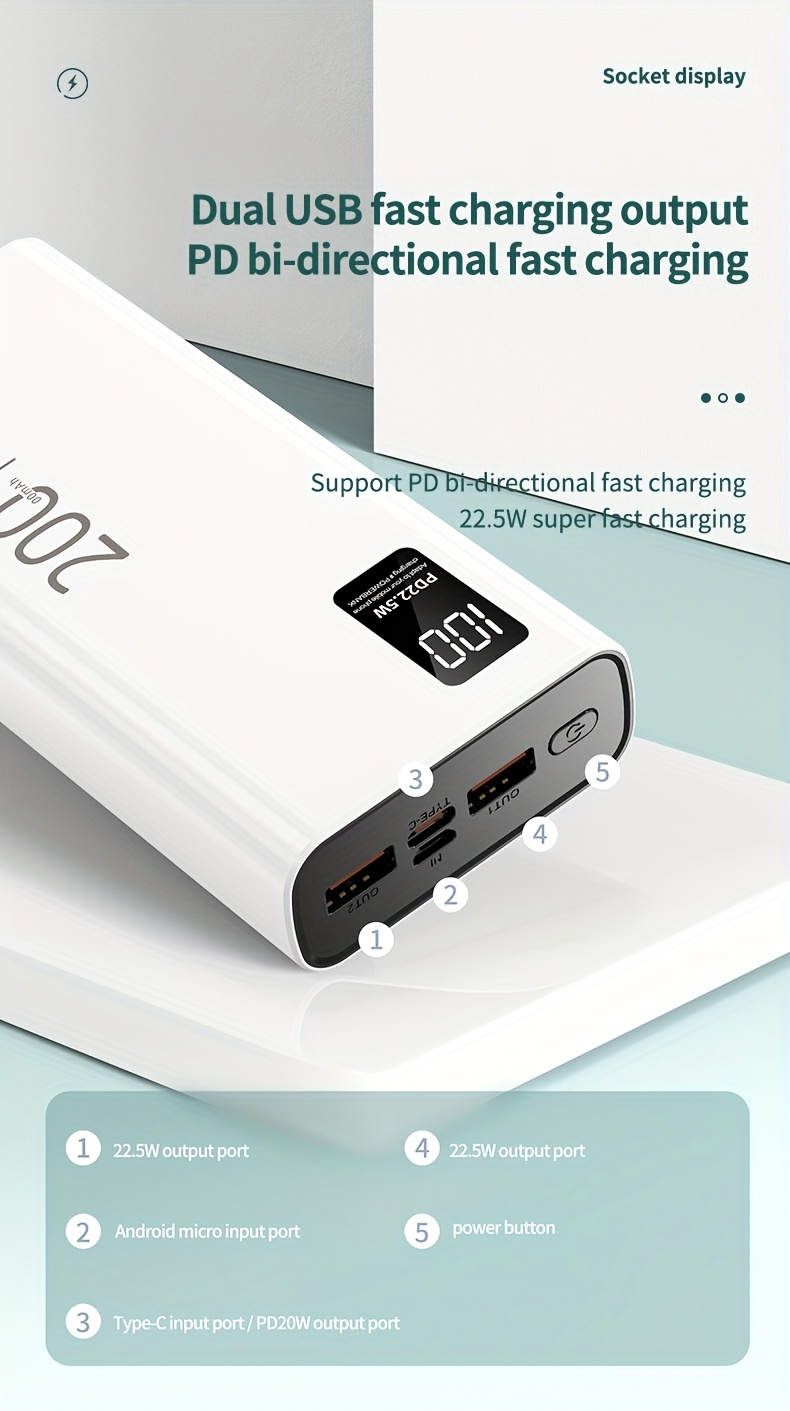 22.5W Fast Charging 20000mAh Portable Power Bank with PD20W Dual Input & Triple Output, USB-C Fast Charging, Compact Design for Smartphones, Tablets, Cameras, Drones, and More, Portable Charger, Tablet Charging Solution, Modern Accessory, Durable Construction, Power Bank Fast Charging, Power Bank For Phone, Power Bank High Power, Power Bank Original, Power Bank With High Capacity
