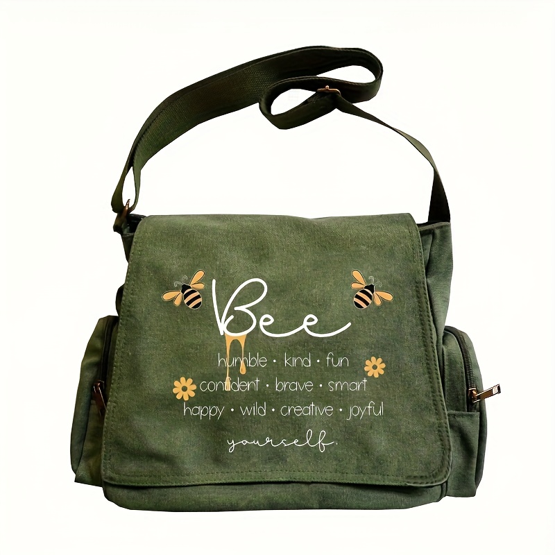 Image of Large Capacity Retro Tote Shoulder Bag | Bee And Letter Print, Army Green, Zipper Closure, Adjustable Strap, Ideal For Shopping, Travel, Dining, And Gifts