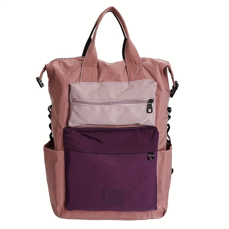 Image of Women's Color Block Casual Backpack, Lightweight Nylon Daypack With Multiple Pockets, Large Capacity Laptop Backpack For Daily , School, Travel & Work