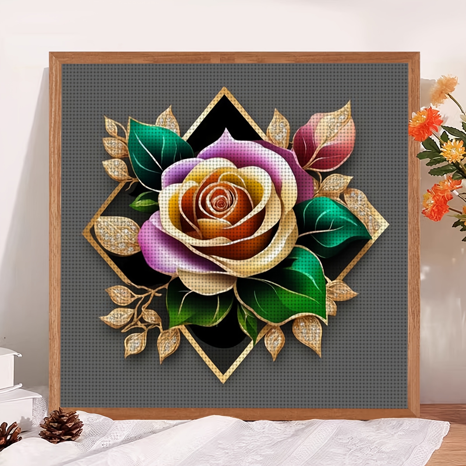Frameless Cross Stitch Kit, Colorful Rose Jewelry Floral Pattern