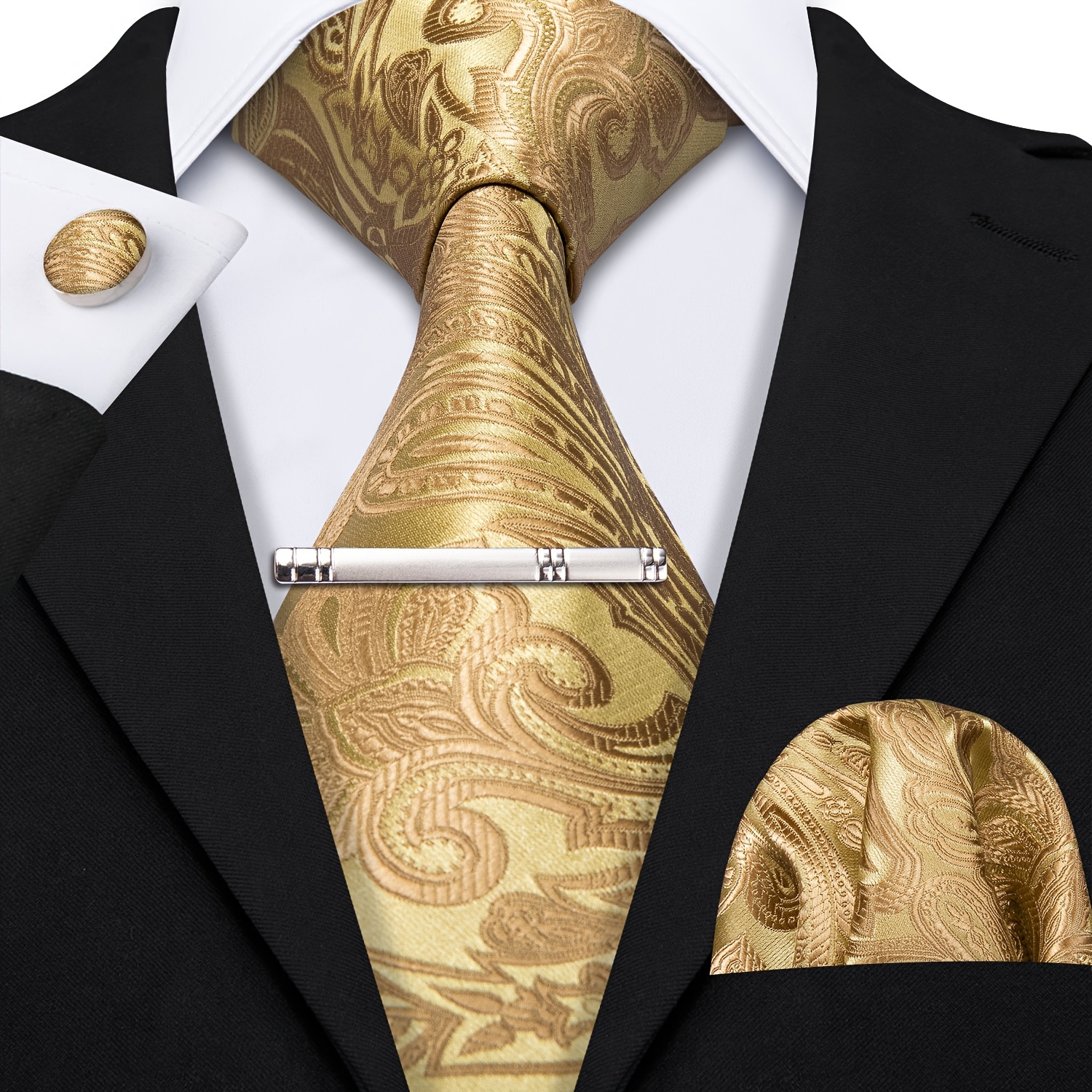 

Elegant Men's Golden Paisley Floral Tie Set - Luxurious Jacquard Woven With Matching Cufflinks And Striped Tie Clip, Formal Events