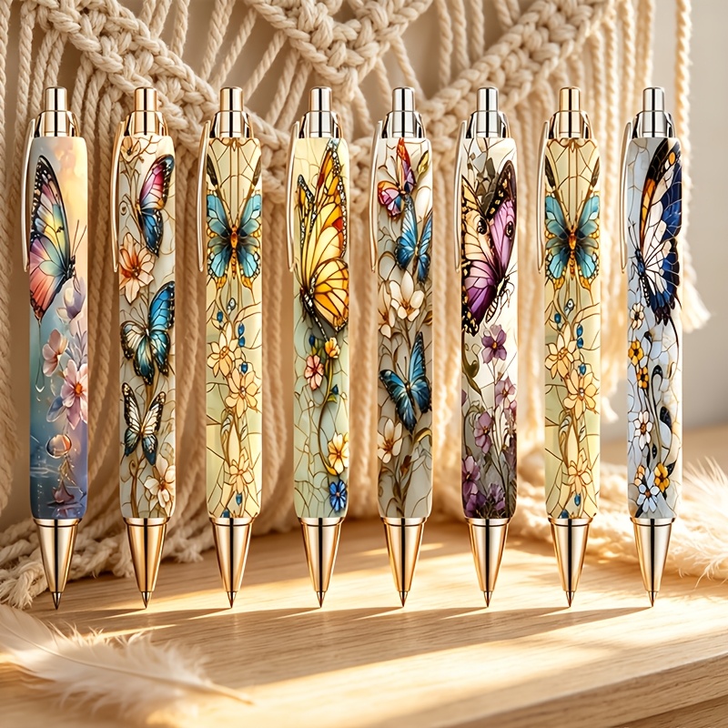 TEMU Stained Glass For Retractable Set Of 8, Vintage Boho Floral Decorative Journal Pens With , Smooth Ink, Aesthetic Stationery For Office , Ideal
