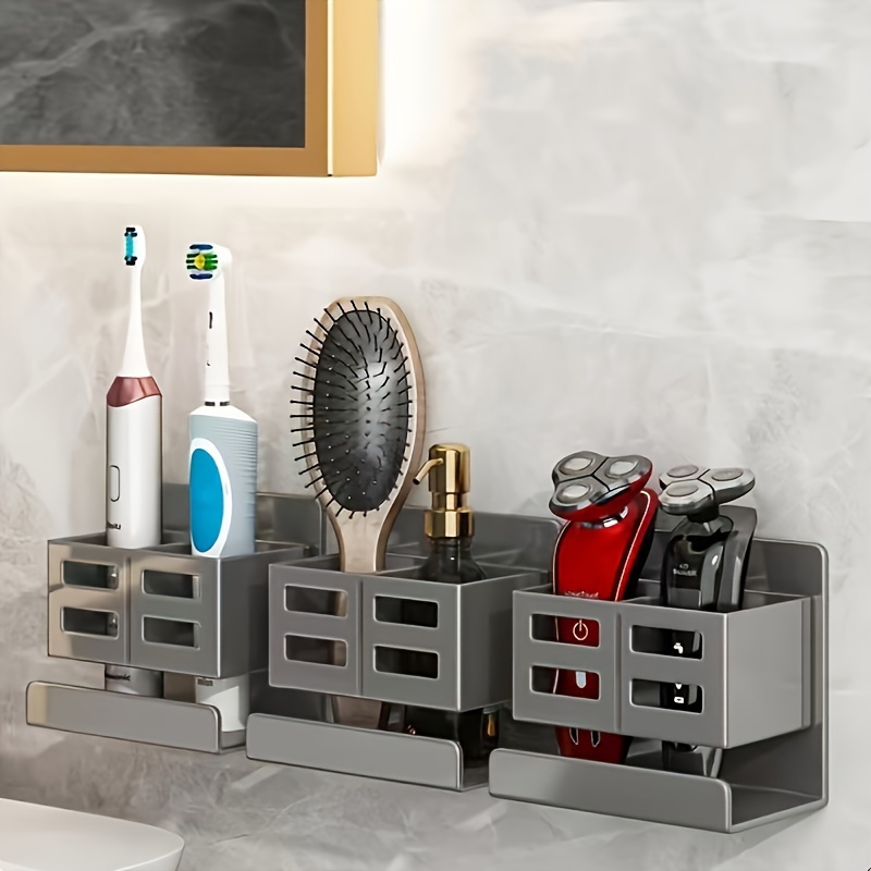 

Wall-mounted Bathroom Organizer For Toothbrushes, Razors & Cosmetics - No Drilling Required, Lightweight Plastic Storage Solution