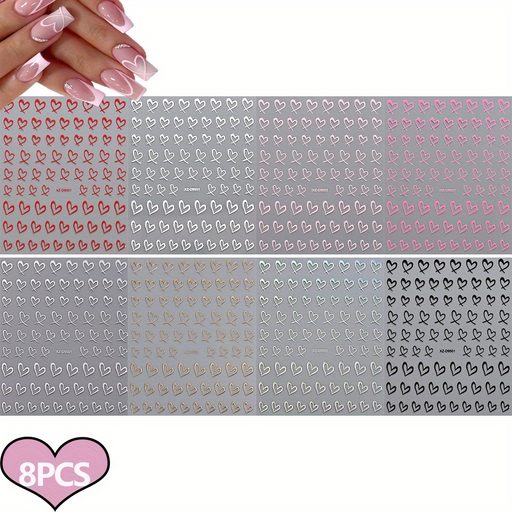8pcs 3d Heart Nail Art Stickers - Love Heart Decals With Assorted Styles (red/pink/black/golden/silvery), For Valentine' Day, Party, Daily Manicure, Perfect For Nail Enthusiasts & Women
