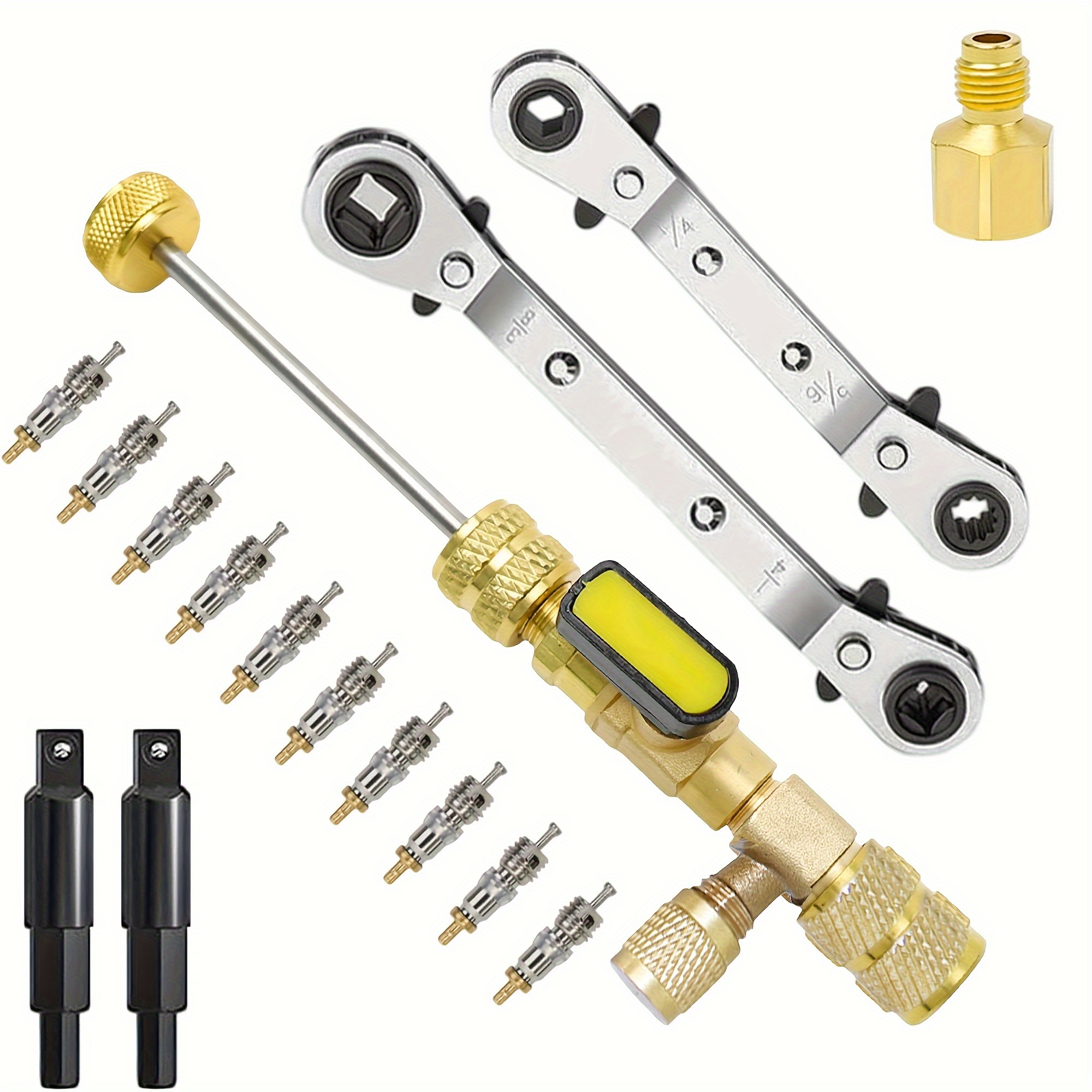 TEMU 스풀 제거기 설치 도구 및 HVAC 서비스 렌치 세트, 육각 헤드 어댑터 포함, 이중 사이즈 SAE 1/4 및 5/16 포트, 3/8에서 1/4, 5/16에서 1/4 냉동 서비스 렌치, 10개의 스풀