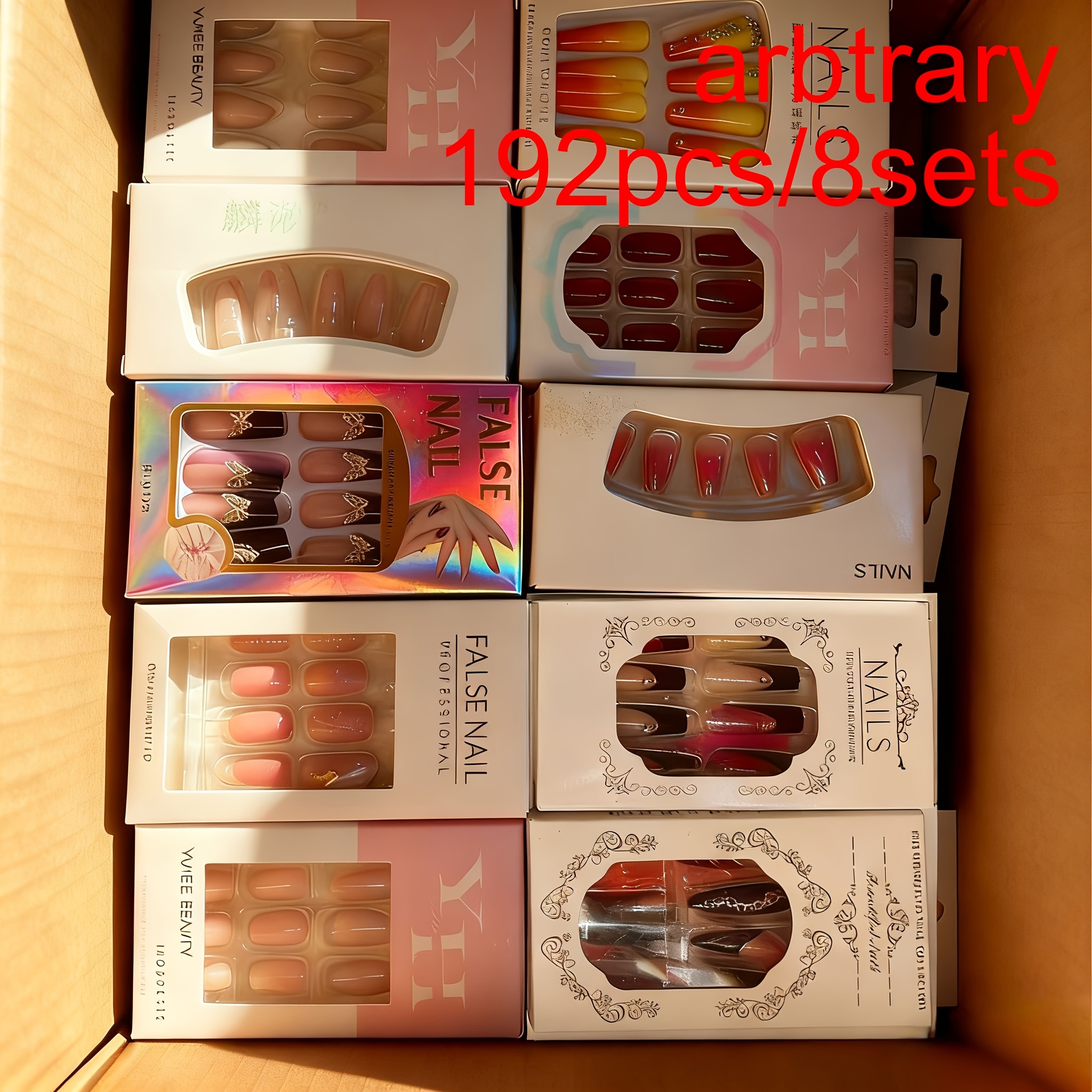 Image of 192pcs (8sets) Random Press On Nails Stylish Almond Shape Mixed Color Glossy End Middle Length Ideal For Women And Nail Art Essentials Look Rhinestone Embellishments False Nails For Manicure