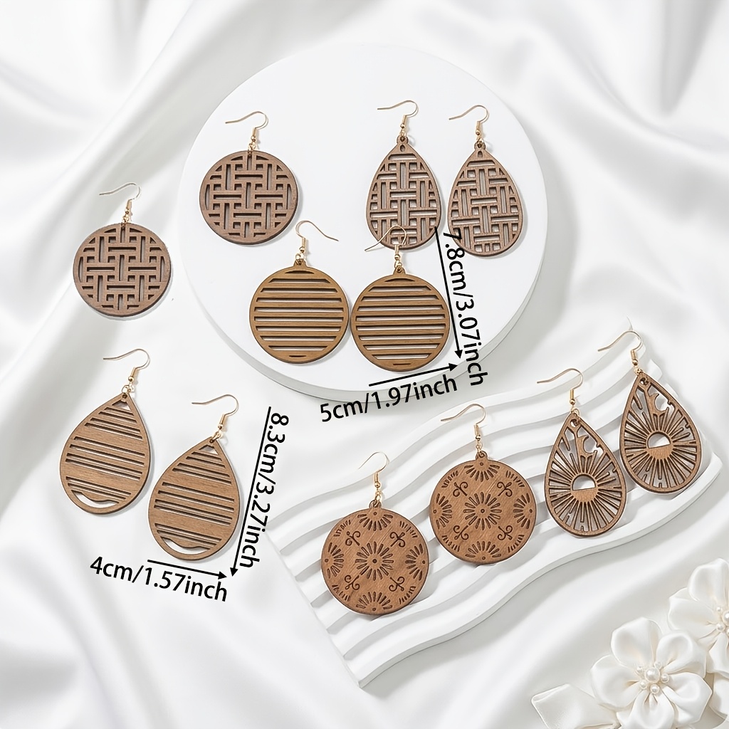 6 Pairs Minimalist Geometric Wooden Drop Earrings Set
