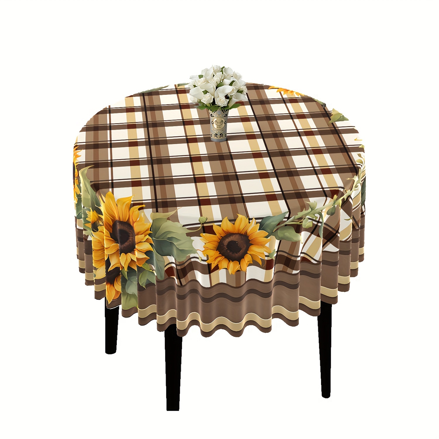 

Festive Brown Plaid And Sunflower Tablecloth - 63" Round/160cm Round - Fits 20" To 50" Round Tables - Suitable For 4-6 Seats - Machine Made, Durable Polyester Material