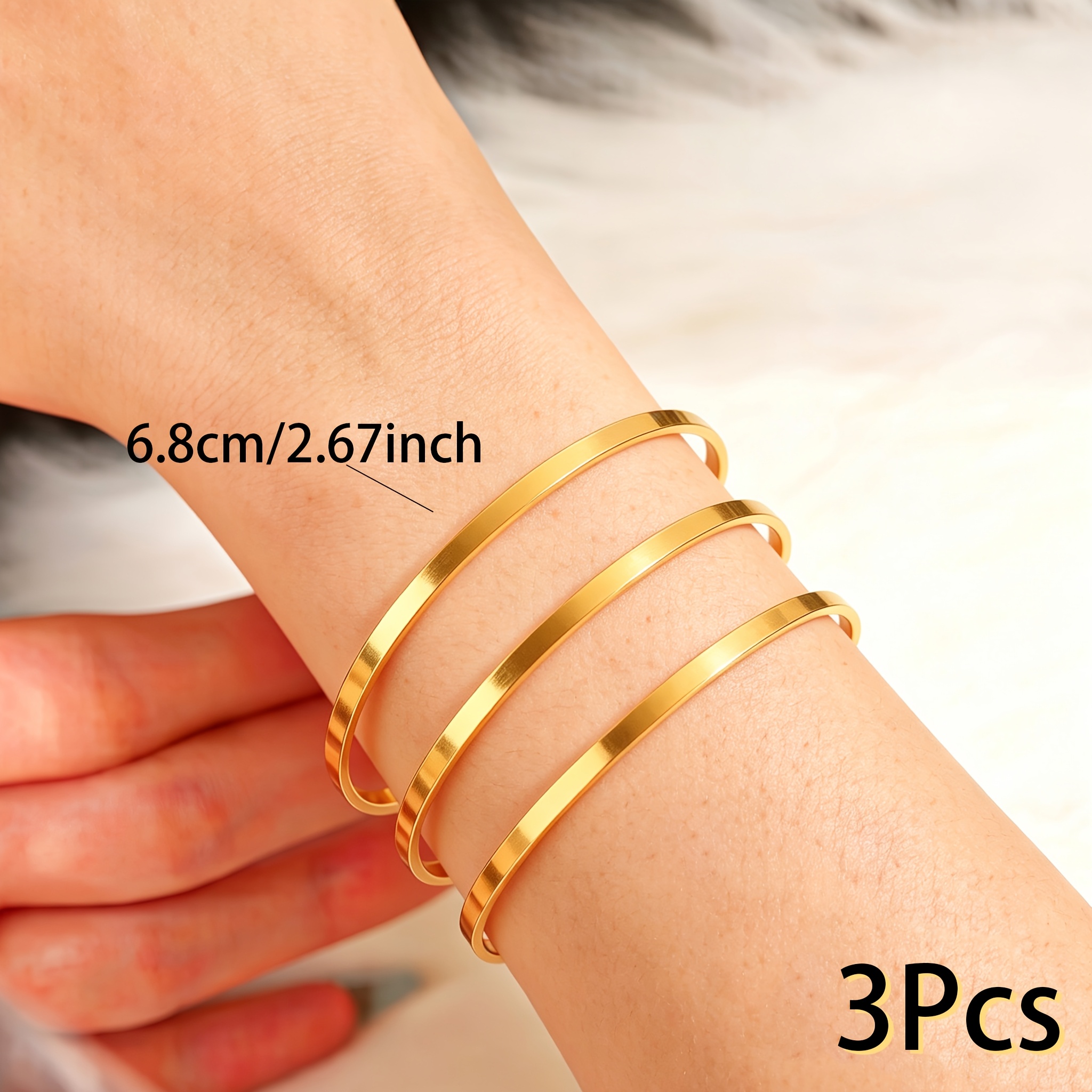 TEMU 3pcs Set Of Stylish And Simple Bracelets, Featuring Minimalist Plain Hoop And Curved-edge Bangle Designs With Versatile Styling. The Classic Is