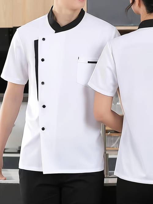 kochjacke für herren mit brusttasche, 100 % baumwolle, farbblock, atmungsaktiv, kurzärmelig, mit knopfleiste, stehkragen, für die arbeit als küchen- und backkoch im restaurant