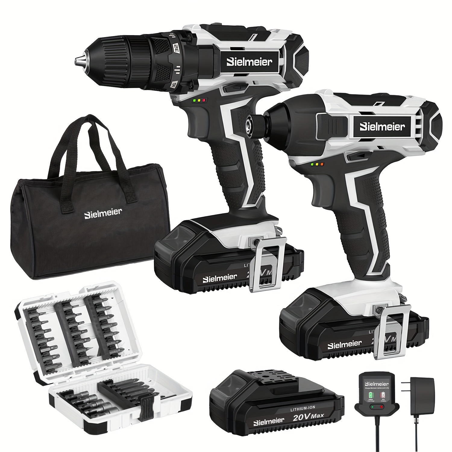 

20v Cordless Drill Sets Combo Kit, 3/8" Drill /4" Impact Driver Set , With Led Light, 33-piece Drill Bit Set & Bag, Charger, Battery Pack, And Carrying Bag