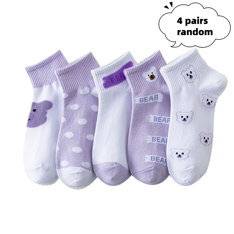 TEMU Lot de 4 paires de chaussettes courtes pour femmes, confortables, respirantes, mignonnes, collection violet, style toutes saisons