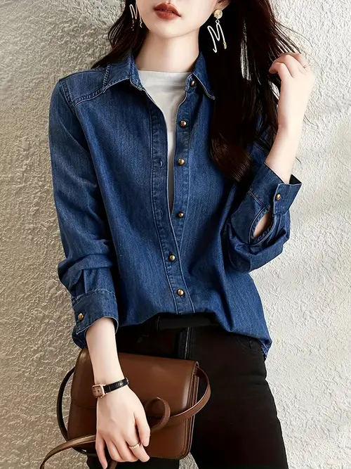 여성용 빈티지 데님 셔츠, 캐주얼 긴 소매, 라펠 칼라, 단색, 스트레치되지 않는 소재, 정규 핏, 버튼 플랙, 봄/가을 시즌, 243g/m² 무게