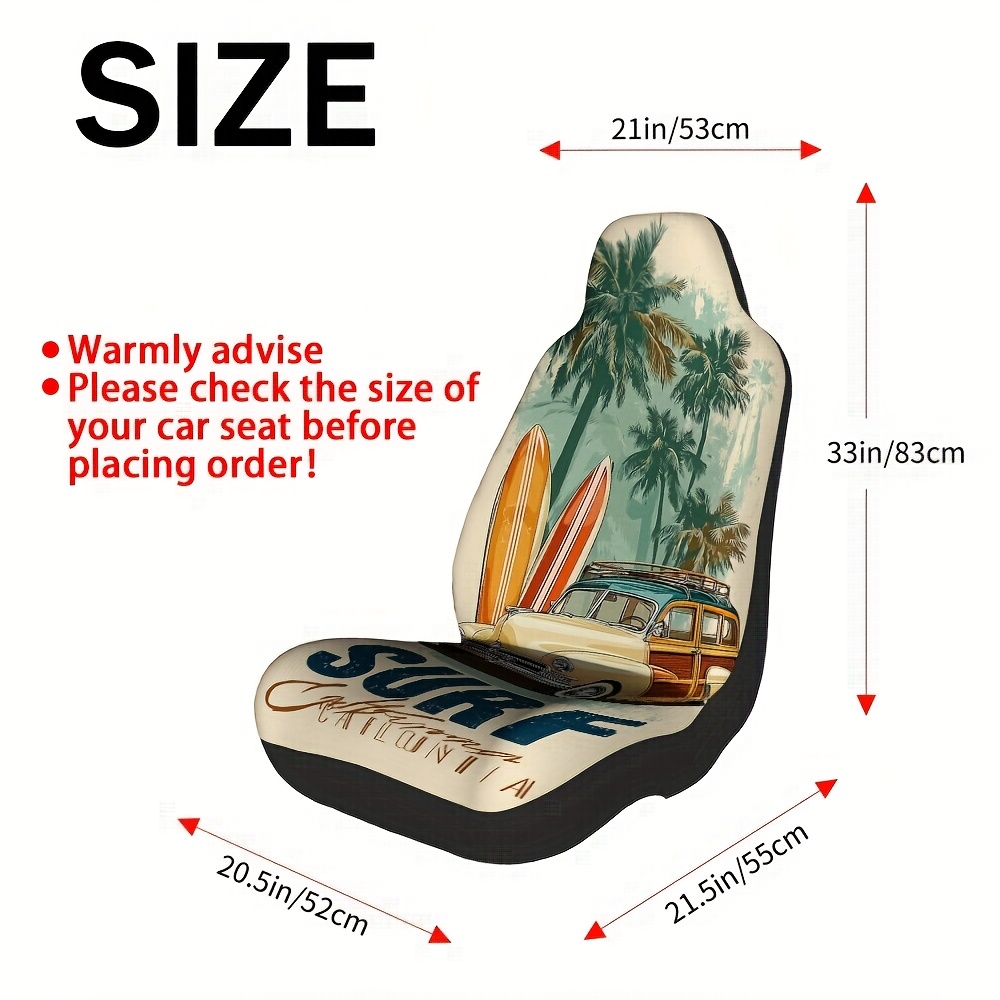 TEMU Juego de 2 fundas de asiento de coche con diseño retro de tabla de surf y palmeras de California, cómodas y duraderas, se a la mayoría de los