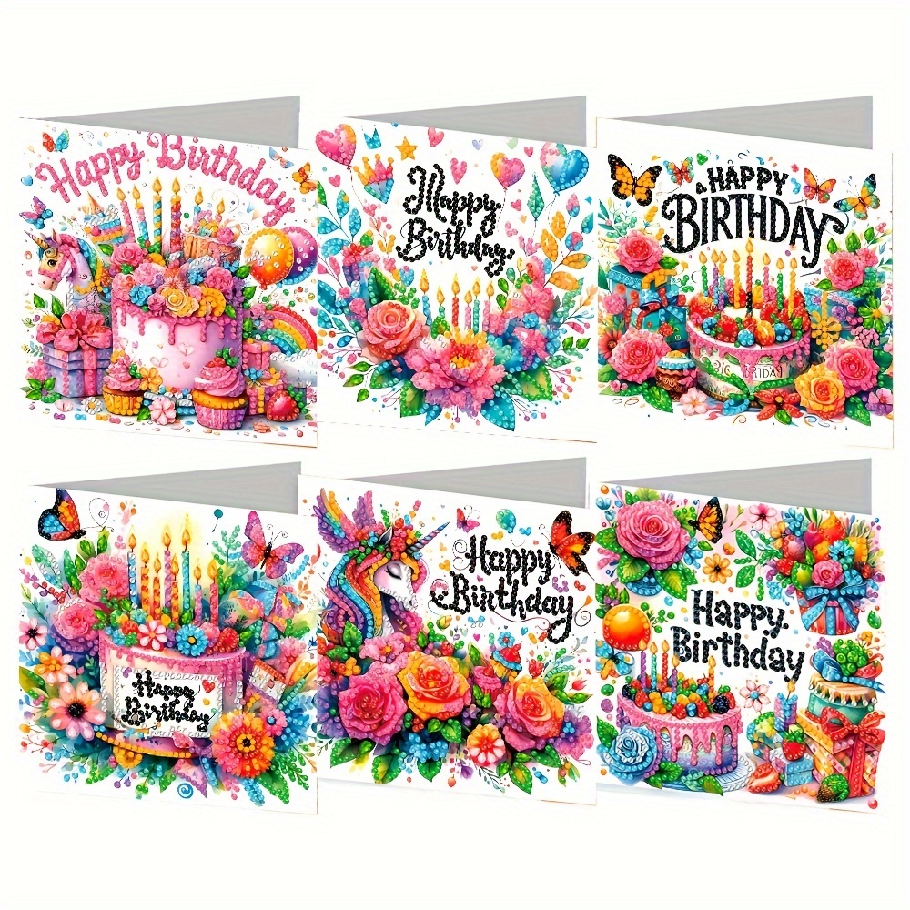 

6-pack Diy Diamond Painting Birthday Greeting Cards Kit, Handmade Rhinestone Embellishment Art Cards, Happy Birthday Lettering With Floral And Cake Patterns, Creative Craft Gift Set, Paper Material