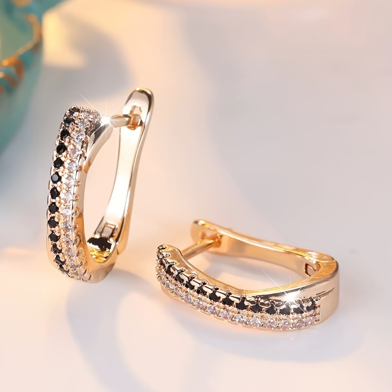 TEMU 1 Paire de Boucles d'Oreilles Ovoïdales Dorées à Double Rangée pour Femmes, Cuivre avec Synthétique, Plaqué Or KC, Tendance et Super Lumineuses,