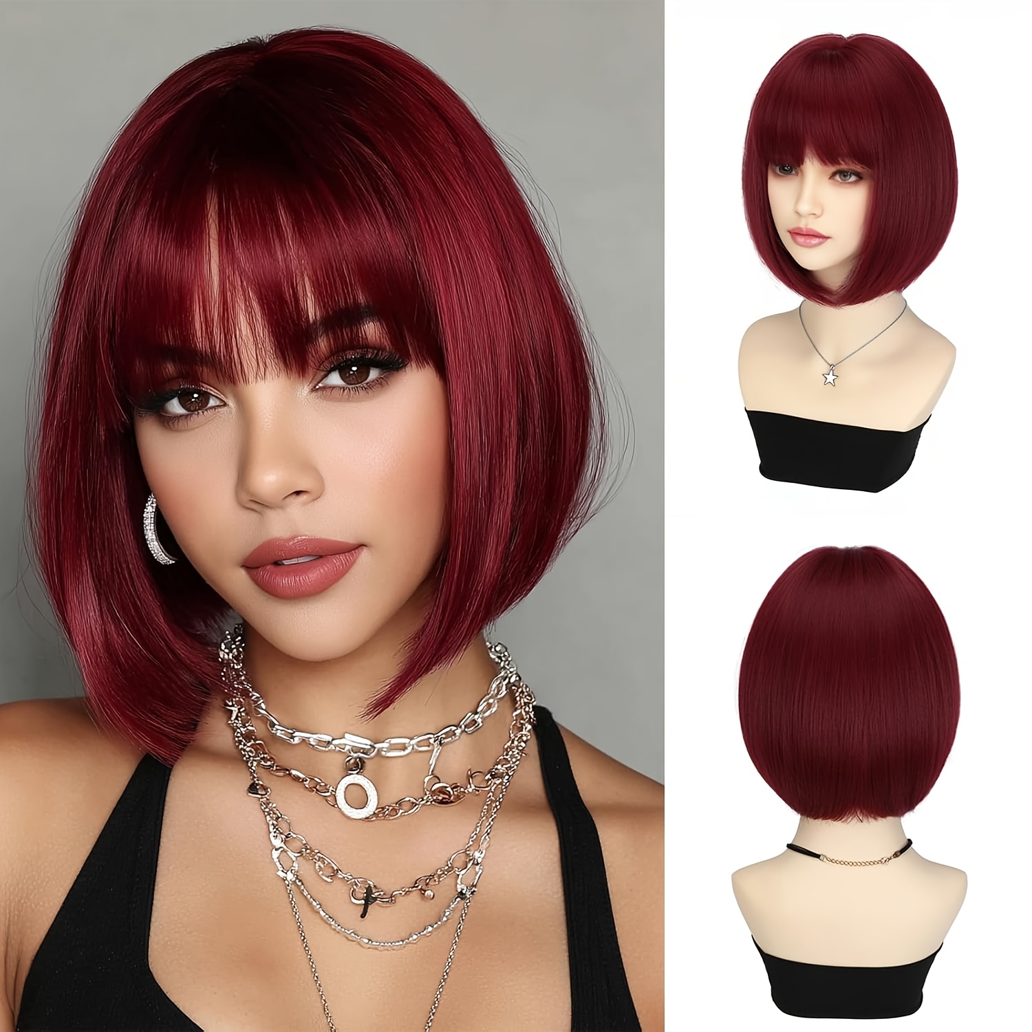 a 12 inch wine red wig with bangs and short   of synthetic high temperature fiber straight hair wig suitable for ladies to wear at parties   and festivals