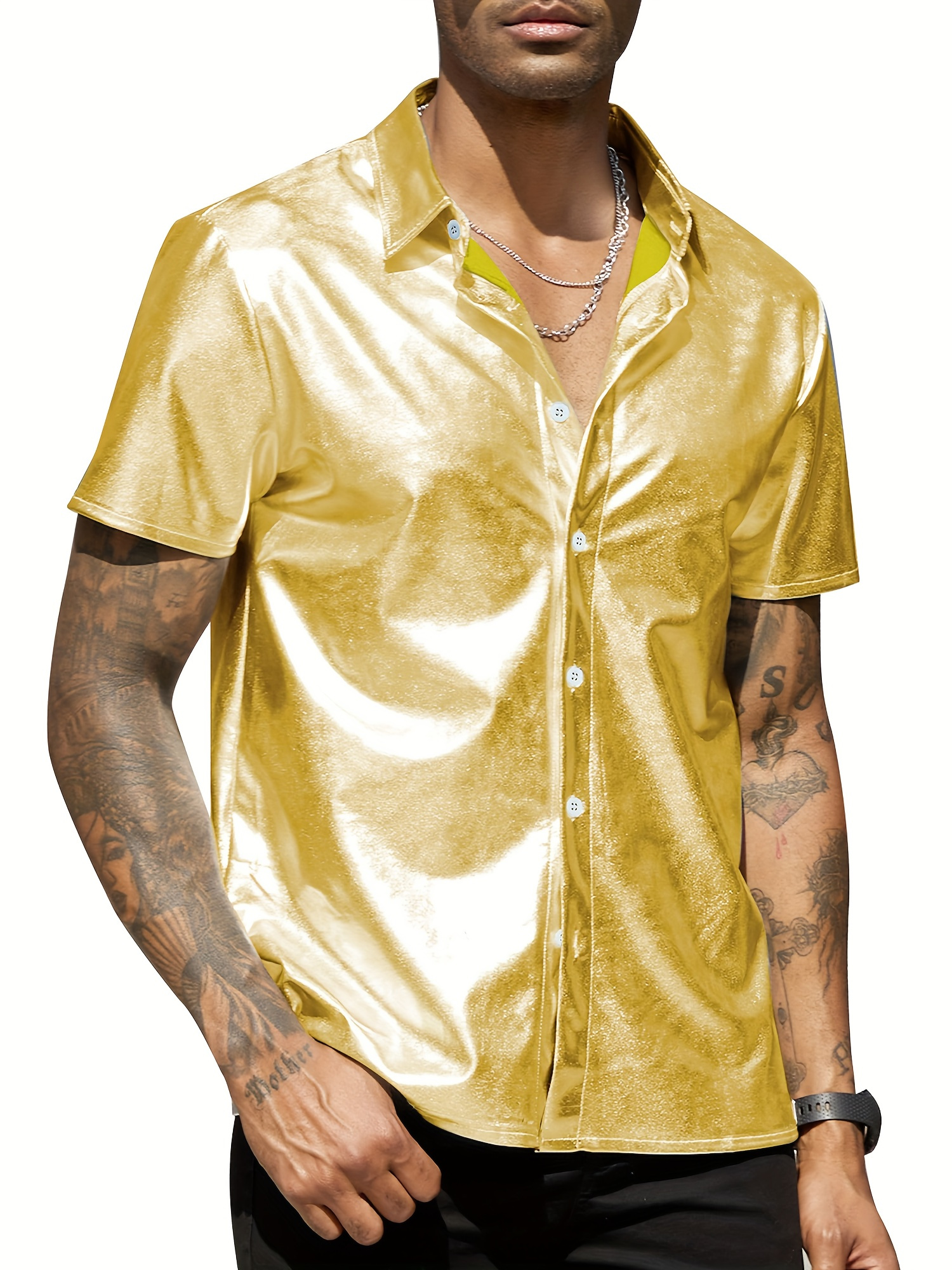 men metallic button shirts shiny short sleeve lapel collar - Temu