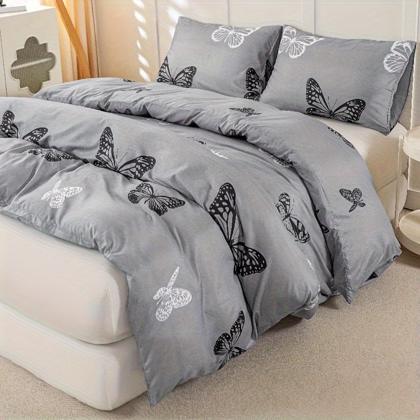3pcs Gray Background Black And White Printed Duvet Cover Set