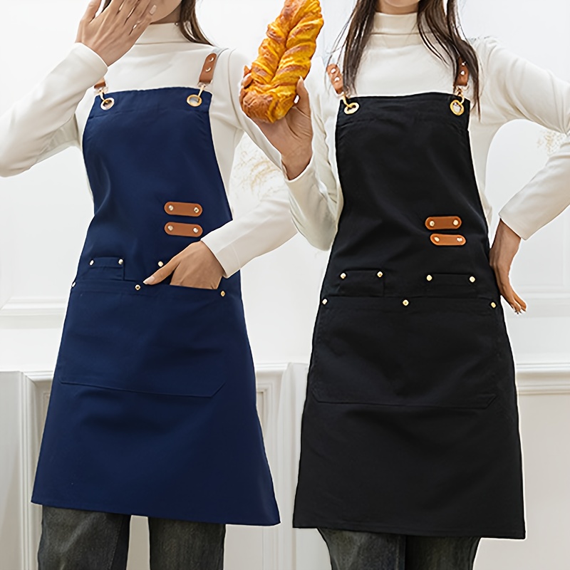 

1pc Canvas Waterproof Apron With Pockets - Polyester, Oil-resistant For Gardening, Painting, Coffee Shops, Restaurants, And Home Use - In Navy Blue, Black, Rust Red, Plus Size Apron