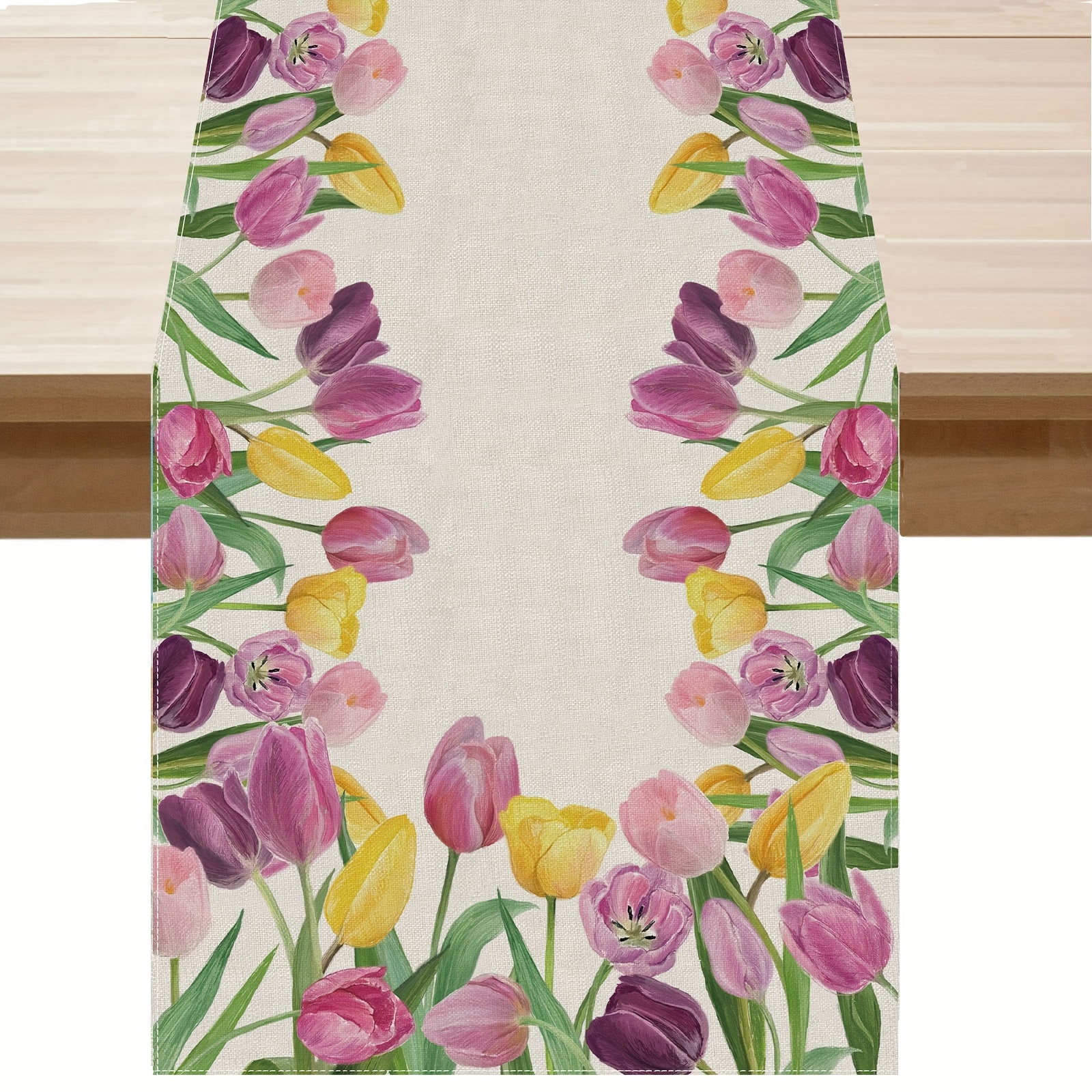 

Floral Table Runner - Polyester Woven Rectangle With Tulips - Spring Kitchen Dining Decor - 1pcs Farmhouse Style