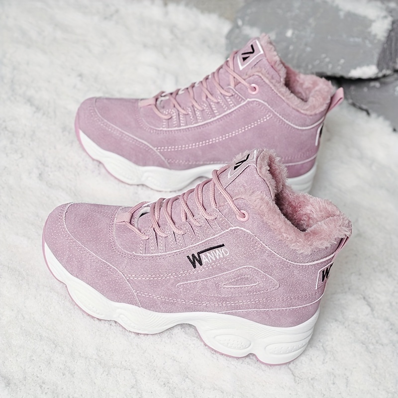 womens 2025 fleece lined chunky   heel ankle boots breathable pu cover lace up round toe white pink accents for winter   winter footwear trendy chunky heel durable rubber sole 1